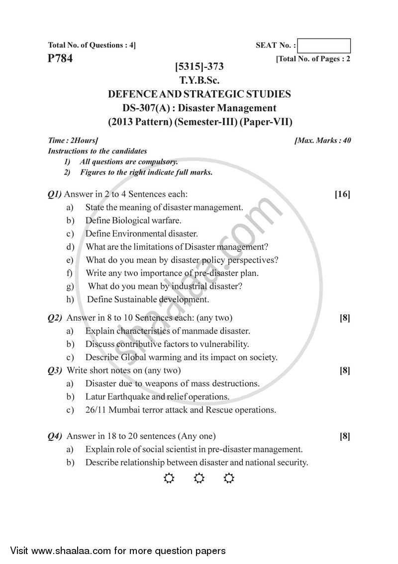Disaster Management 2017-2018 - B.Sc. - Semester 5 (TYBSc) - University of Pune question paper with PDF download