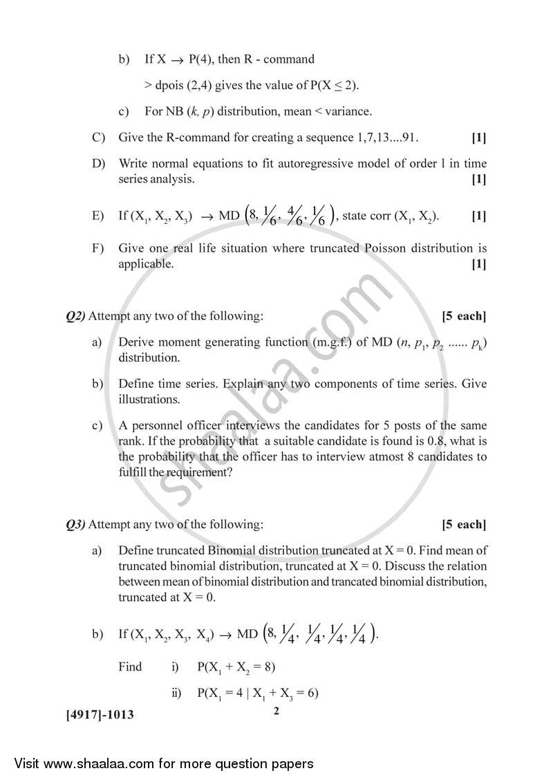 Discrete Probability Distributions , Time Series and R Software 2015-2016 - B.Sc. - Semester 3 (SYBSc) - University of Pune question paper with PDF download