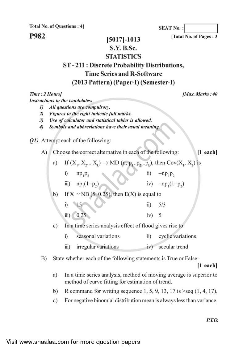 Discrete Probability Distributions , Time Series and R Software 2016-2017 - B.Sc. - Semester 3 (SYBSc) - University of Pune question paper with PDF download