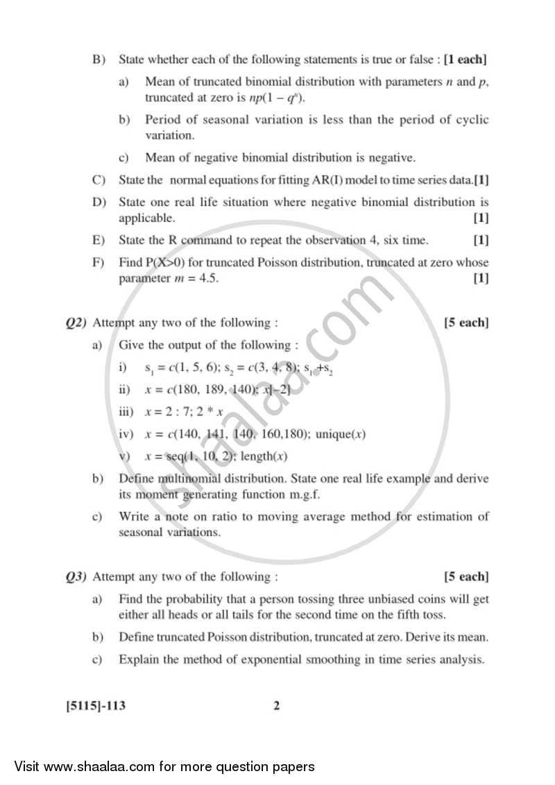 Discrete Probability Distributions , Time Series and R Software 2016-2017 - B.Sc. - Semester 3 (SYBSc) - University of Pune question paper with PDF download
