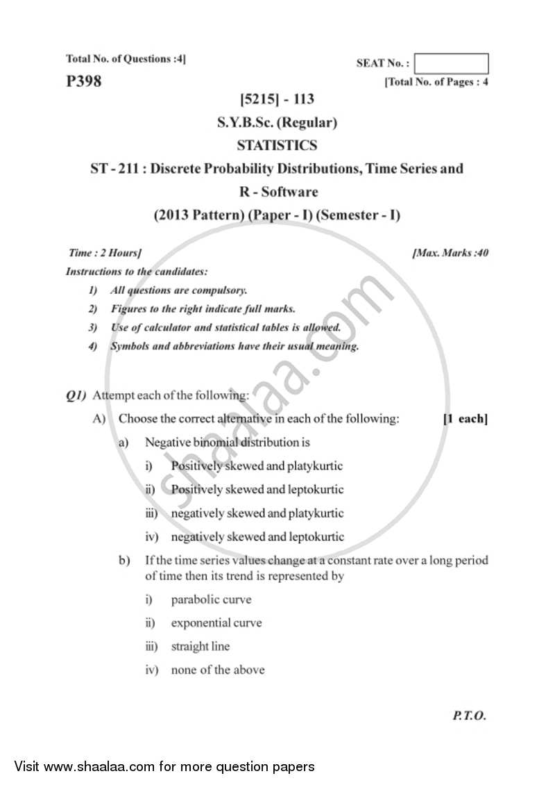 Discrete Probability Distributions , Time Series and R Software 2017-2018 - B.Sc. - Semester 3 (SYBSc) - University of Pune question paper with PDF download