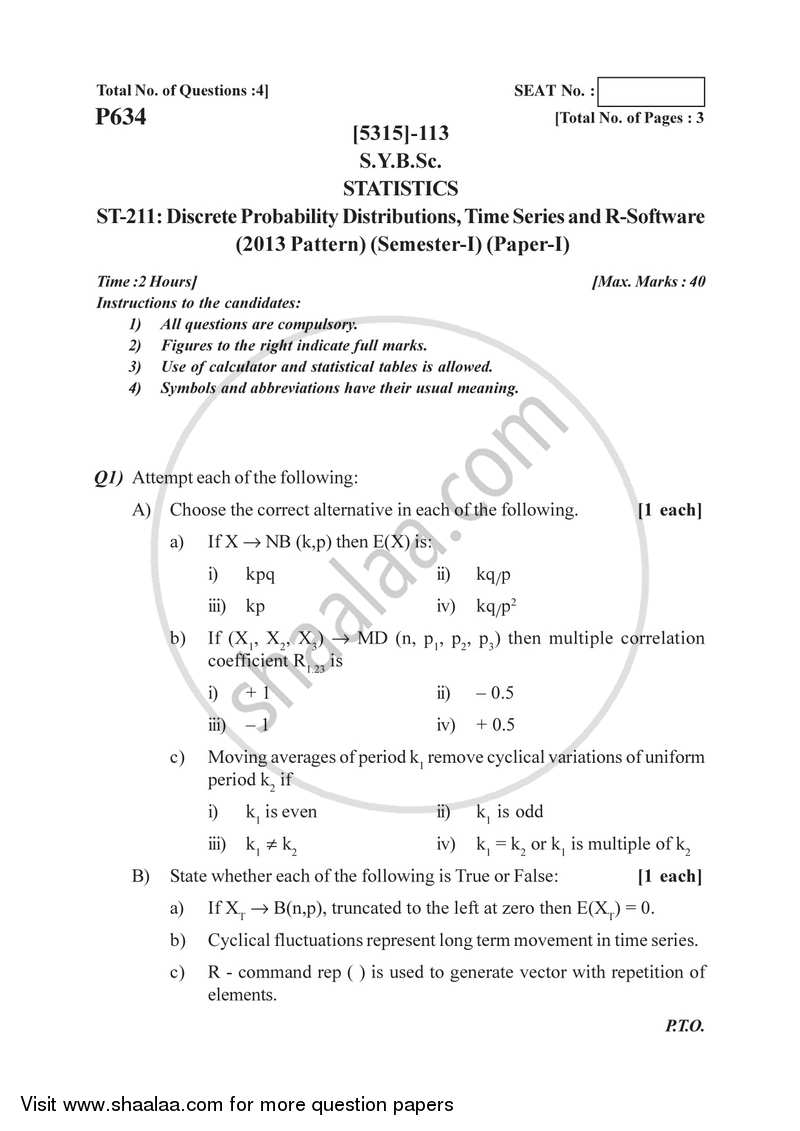 Discrete Probability Distributions , Time Series and R Software 2017-2018 - B.Sc. - Semester 3 (SYBSc) - University of Pune question paper with PDF download