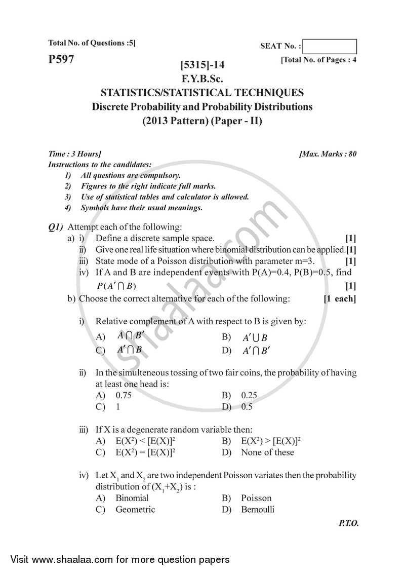 Discrete Probability and Probability Distributions 2017-2018 - B.Sc. - Semester 2 (FYBSc) - University of Pune question paper with PDF download