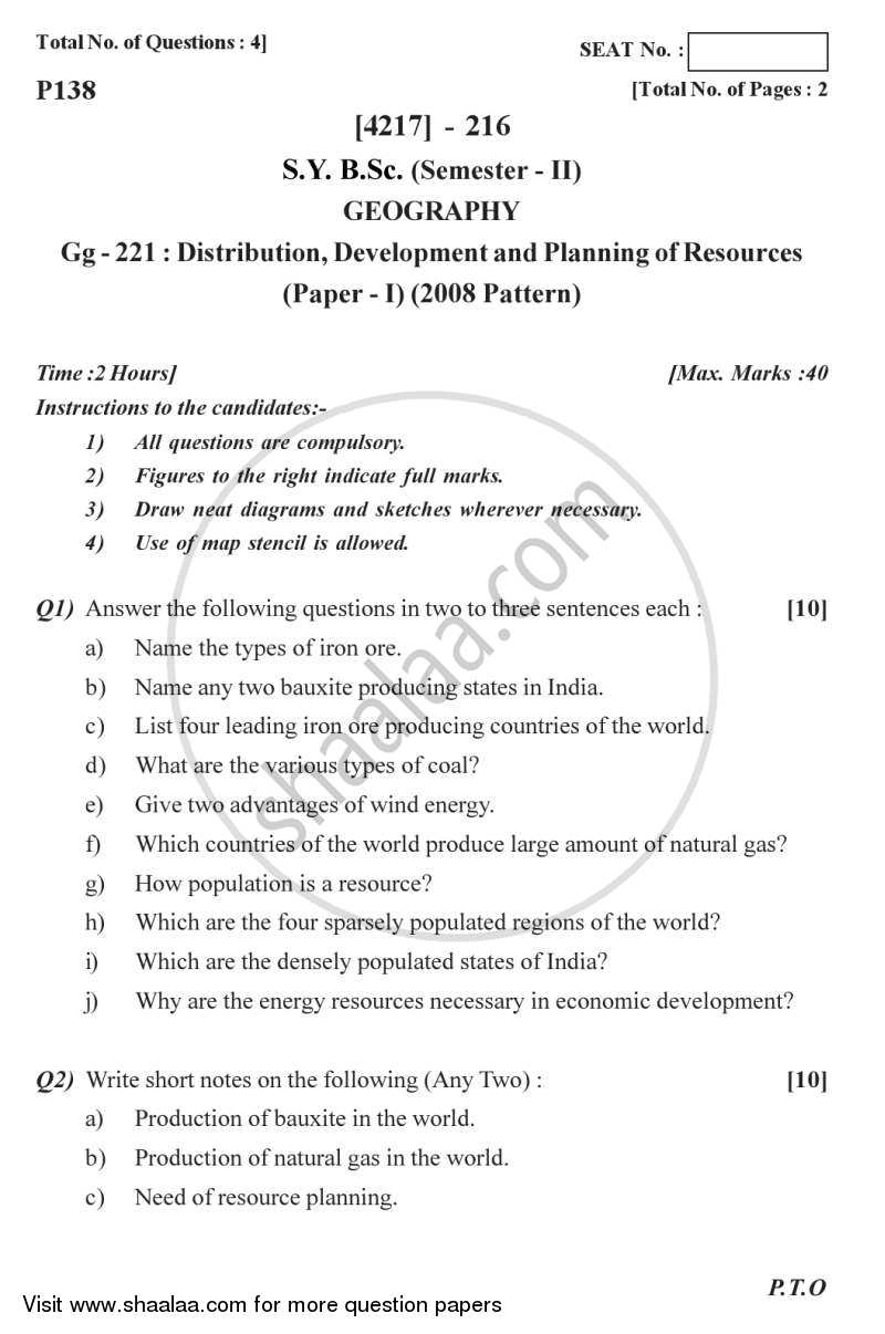 Distribution, Development and Planning of Resources 2012-2013 - B.Sc. - Semester 4 (SYBSc) - University of Pune question paper with PDF download