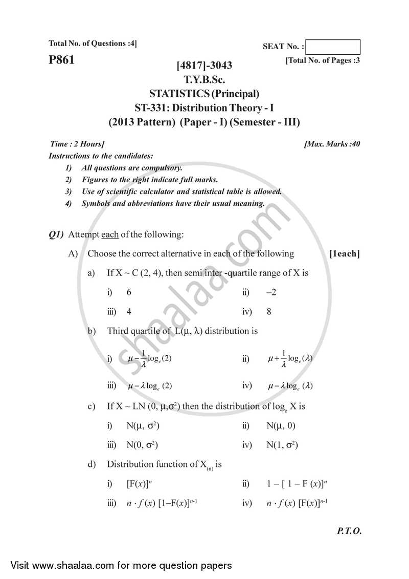 Distribution Theory 1 2015-2016 - B.Sc. - Semester 5 (TYBSc) - University of Pune question paper with PDF download