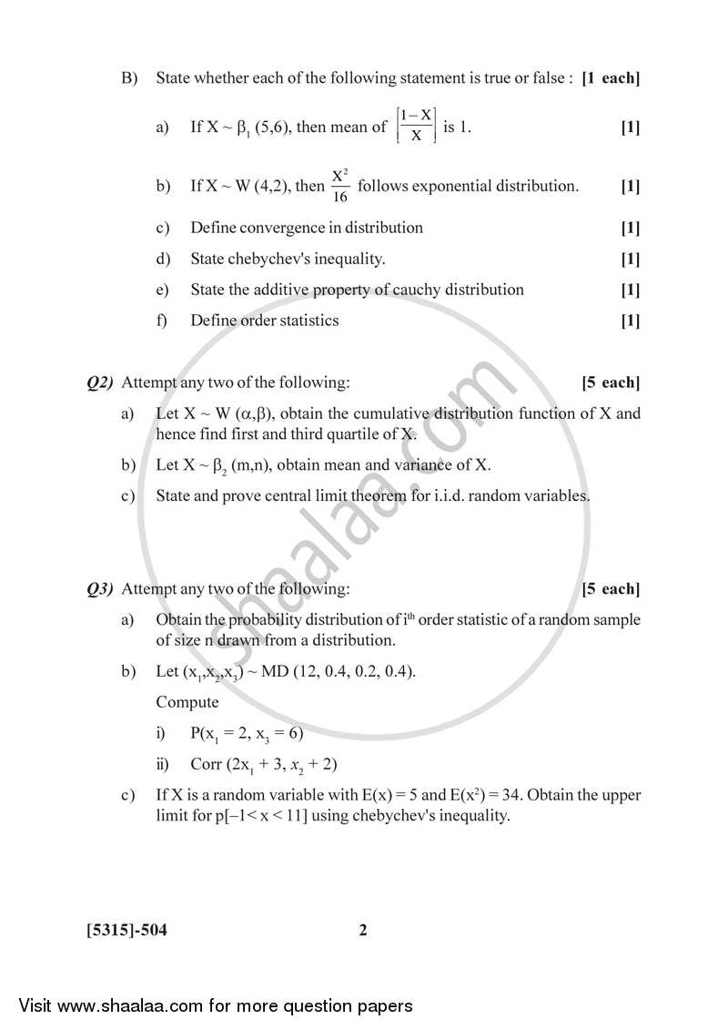 Distribution Theory 1 2017-2018 - B.Sc. - Semester 5 (TYBSc) - University of Pune question paper with PDF download