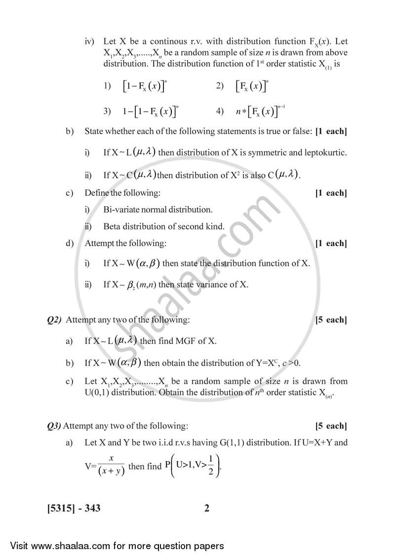 Distribution Theory 2017-2018 - B.Sc. - Semester 5 (TYBSc) - University of Pune question paper with PDF download