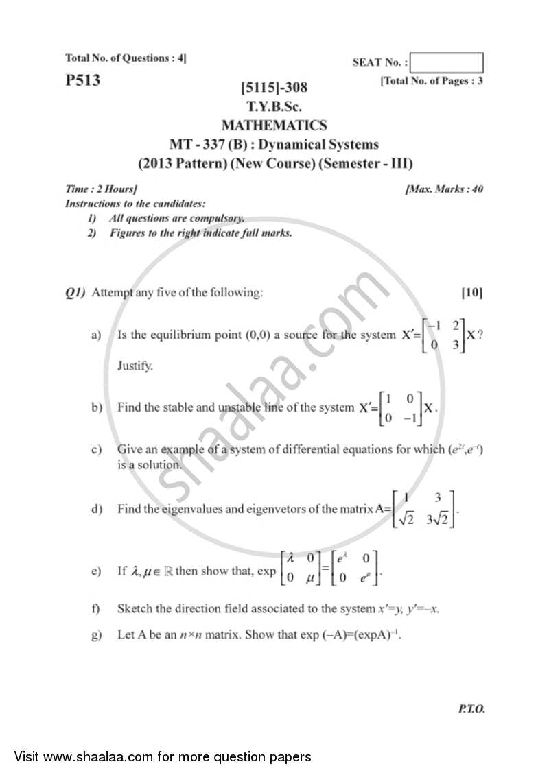Dynamical System 2016-2017 - B.Sc. - Semester 5 (TYBSc) - University of Pune question paper with PDF download
