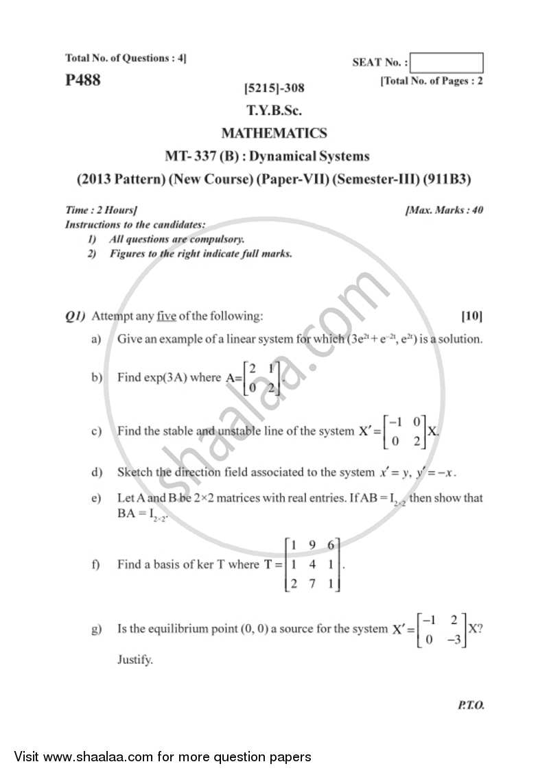 Dynamical System 2017-2018 - B.Sc. - Semester 5 (TYBSc) - University of Pune question paper with PDF download
