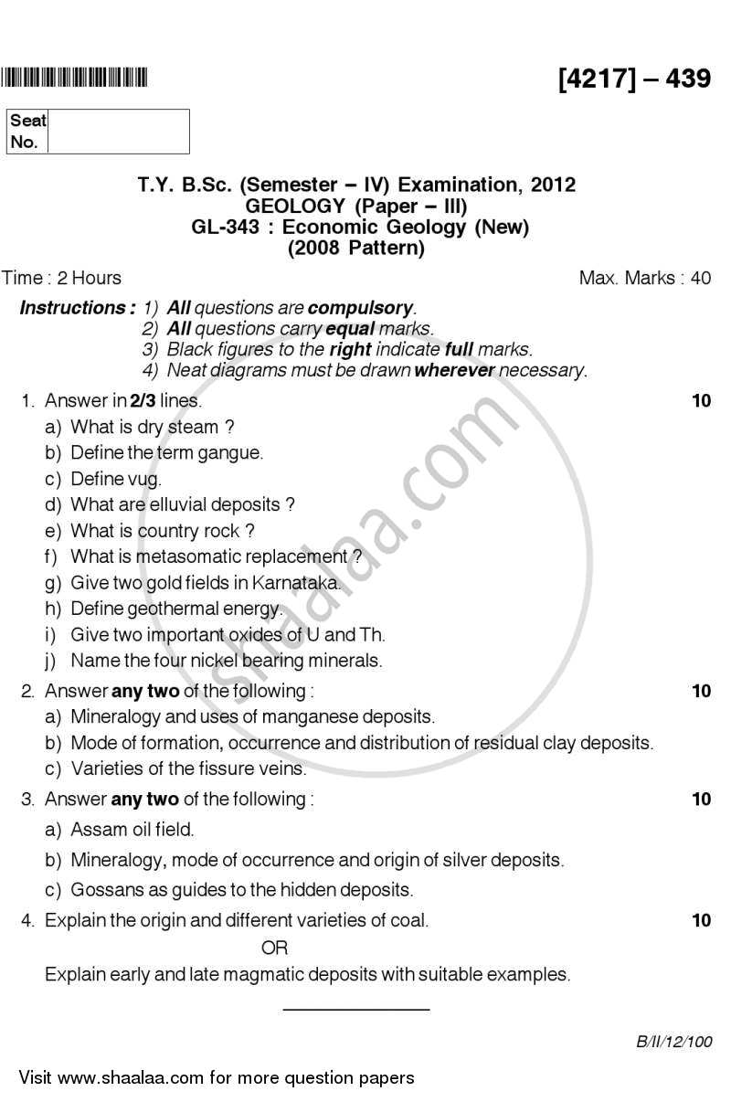 Economic Geology 2012-2013 - B.Sc. - Semester 6 (TYBSc) - University of Pune question paper with PDF download