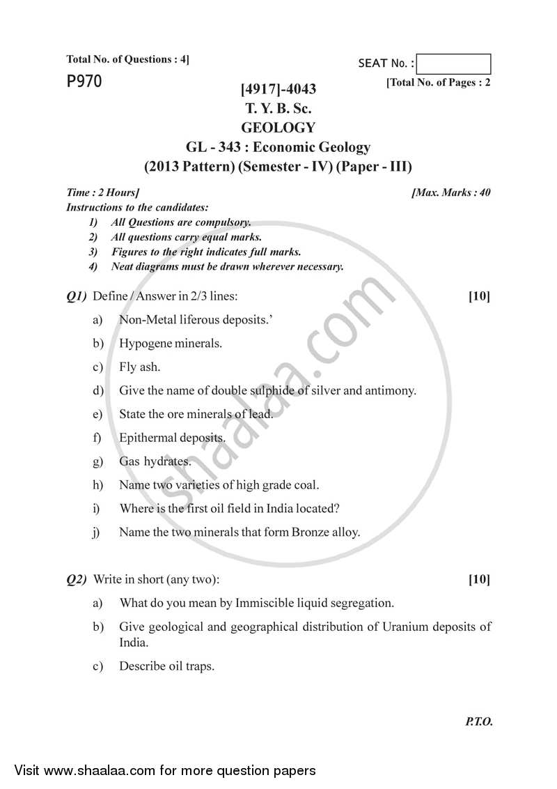 Economic Geology 2015-2016 - B.Sc. - Semester 6 (TYBSc) - University of Pune question paper with PDF download