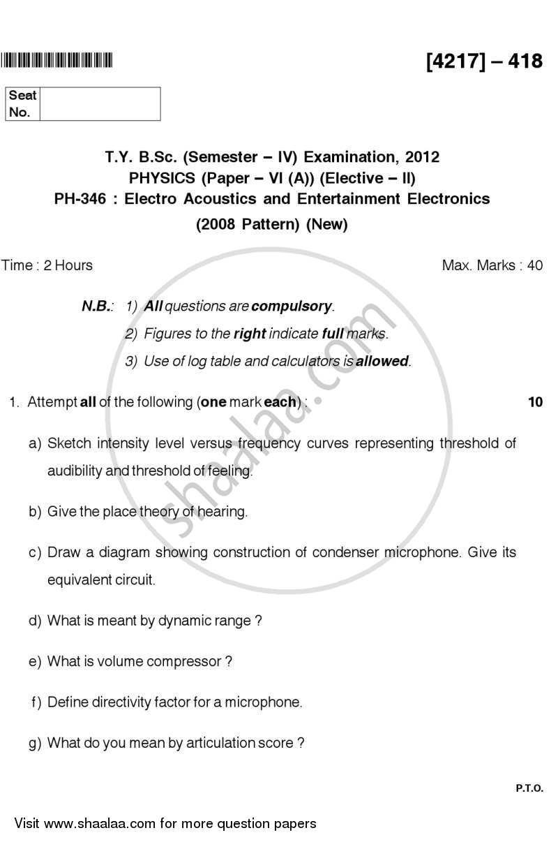 Electro Acoustics and Entertainment Electronics 2012-2013 - B.Sc. - Semester 6 (TYBSc) - University of Pune question paper with PDF download