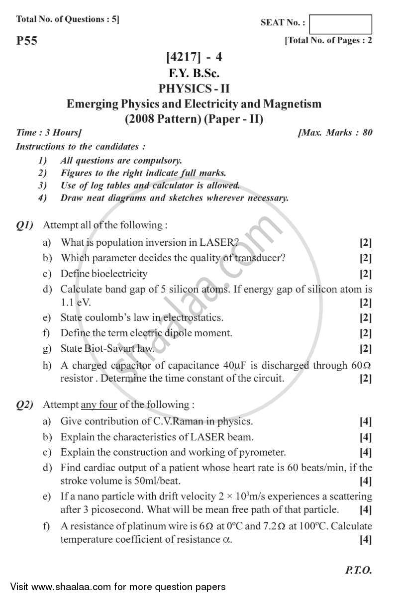 Emerging Physics, Electricity and Magnetism 2012-2013 - B.Sc. - Semester 2 (FYBSc) - University of Pune question paper with PDF download
