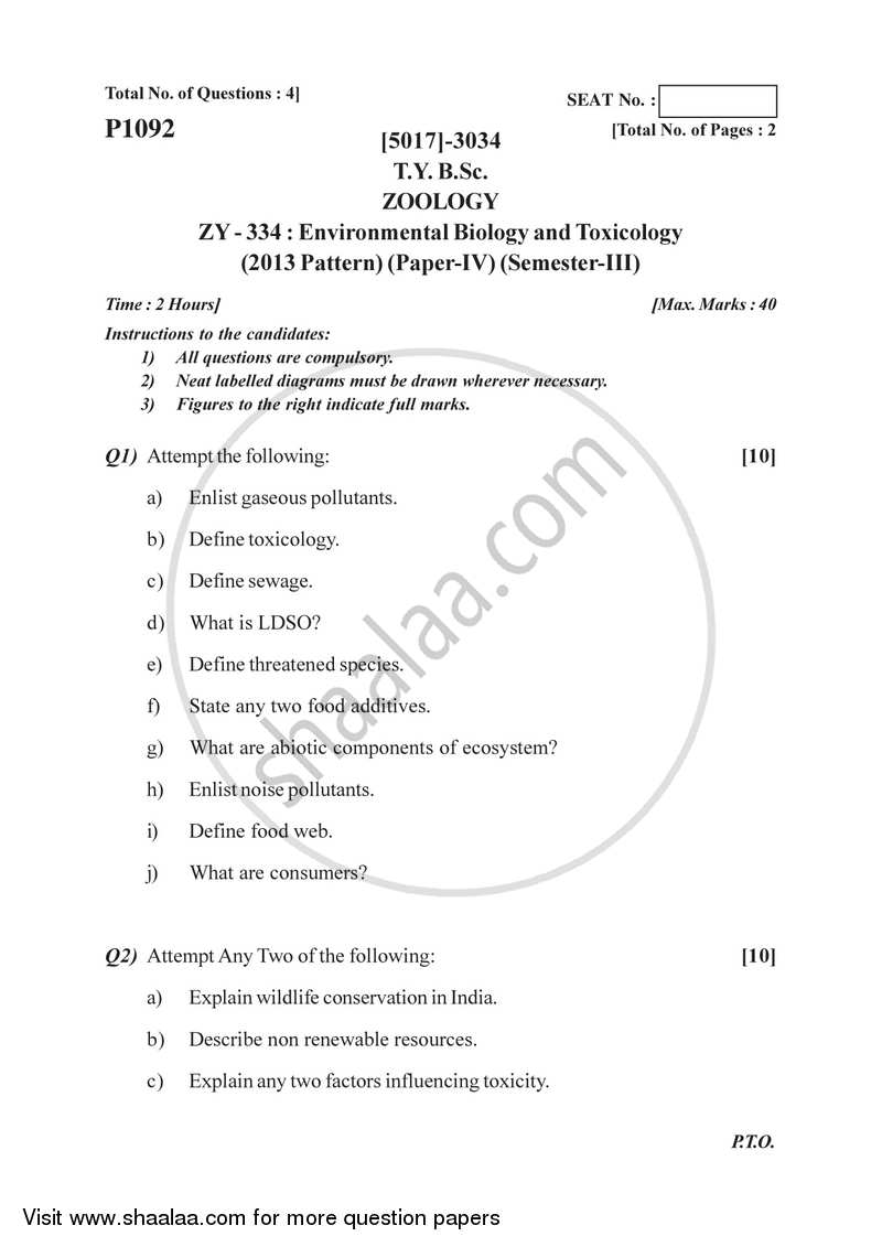 Environmental Biology and Toxicology 2016-2017 - B.Sc. - Semester 5 (TYBSc) - University of Pune question paper with PDF download