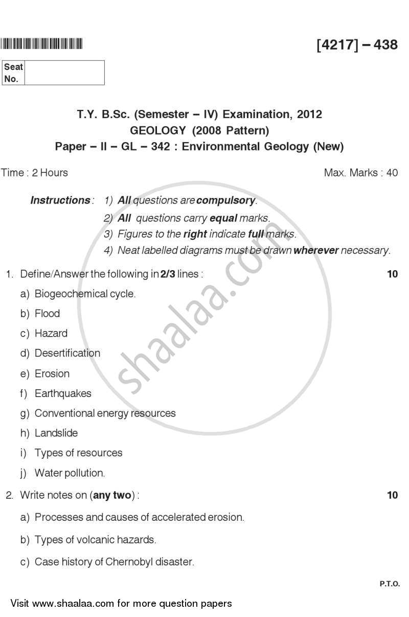 Environmental Geology 2012-2013 - B.Sc. - Semester 6 (TYBSc) - University of Pune question paper with PDF download