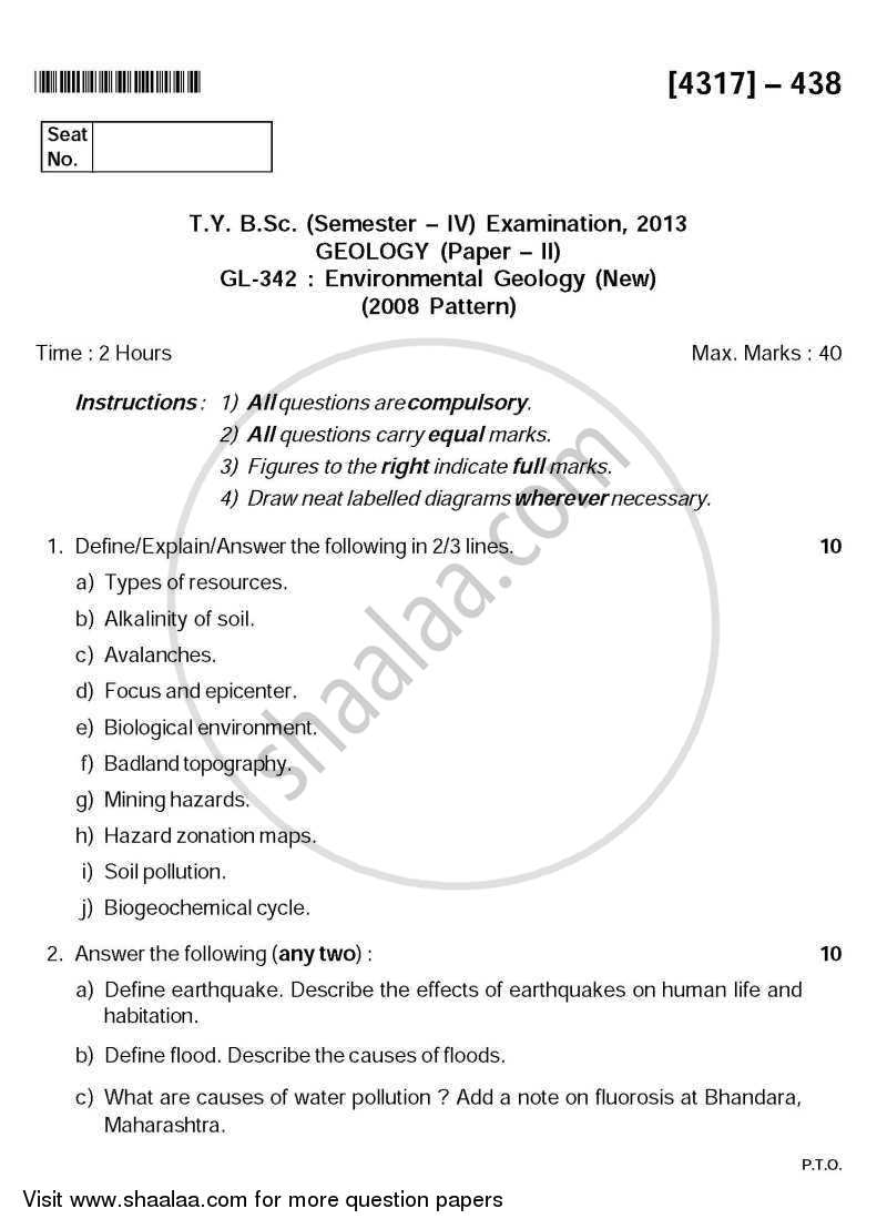 Environmental Geology 2013-2014 - B.Sc. - Semester 6 (TYBSc) - University of Pune question paper with PDF download