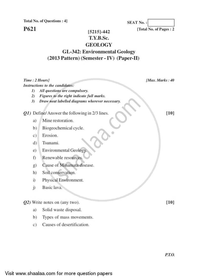 Environmental Geology 2017-2018 - B.Sc. - Semester 6 (TYBSc) - University of Pune question paper with PDF download