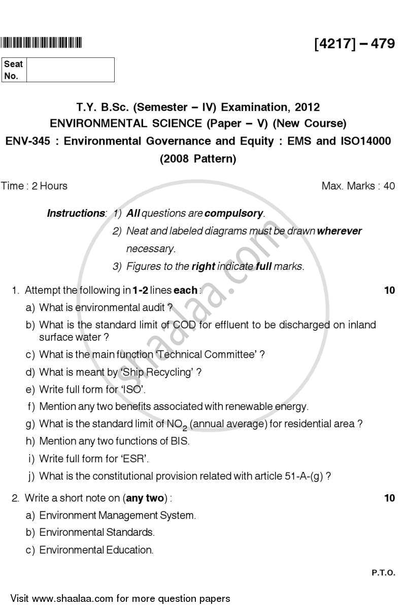 Environmental Governance and Equity - EMS, ISO 14000 2012-2013 - B.Sc. - Semester 6 (TYBSc) - University of Pune question paper with PDF download