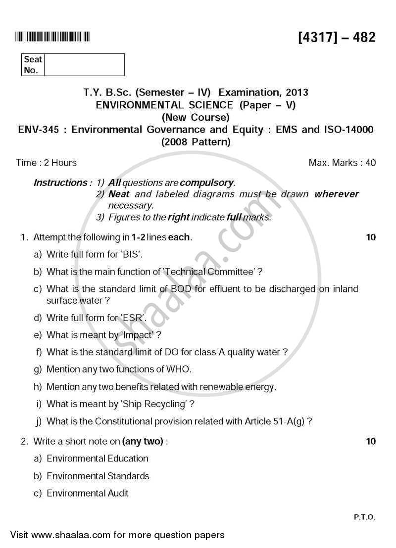 Environmental Governance and Equity - EMS, ISO 14000 2013-2014 - B.Sc. - Semester 6 (TYBSc) - University of Pune question paper with PDF download