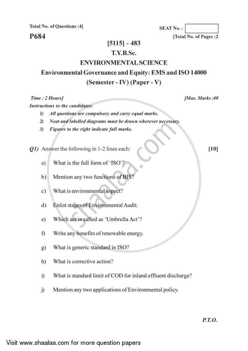 Environmental Governance and Equity - EMS, ISO 14000 2016-2017 - B.Sc. - Semester 6 (TYBSc) - University of Pune question paper with PDF download