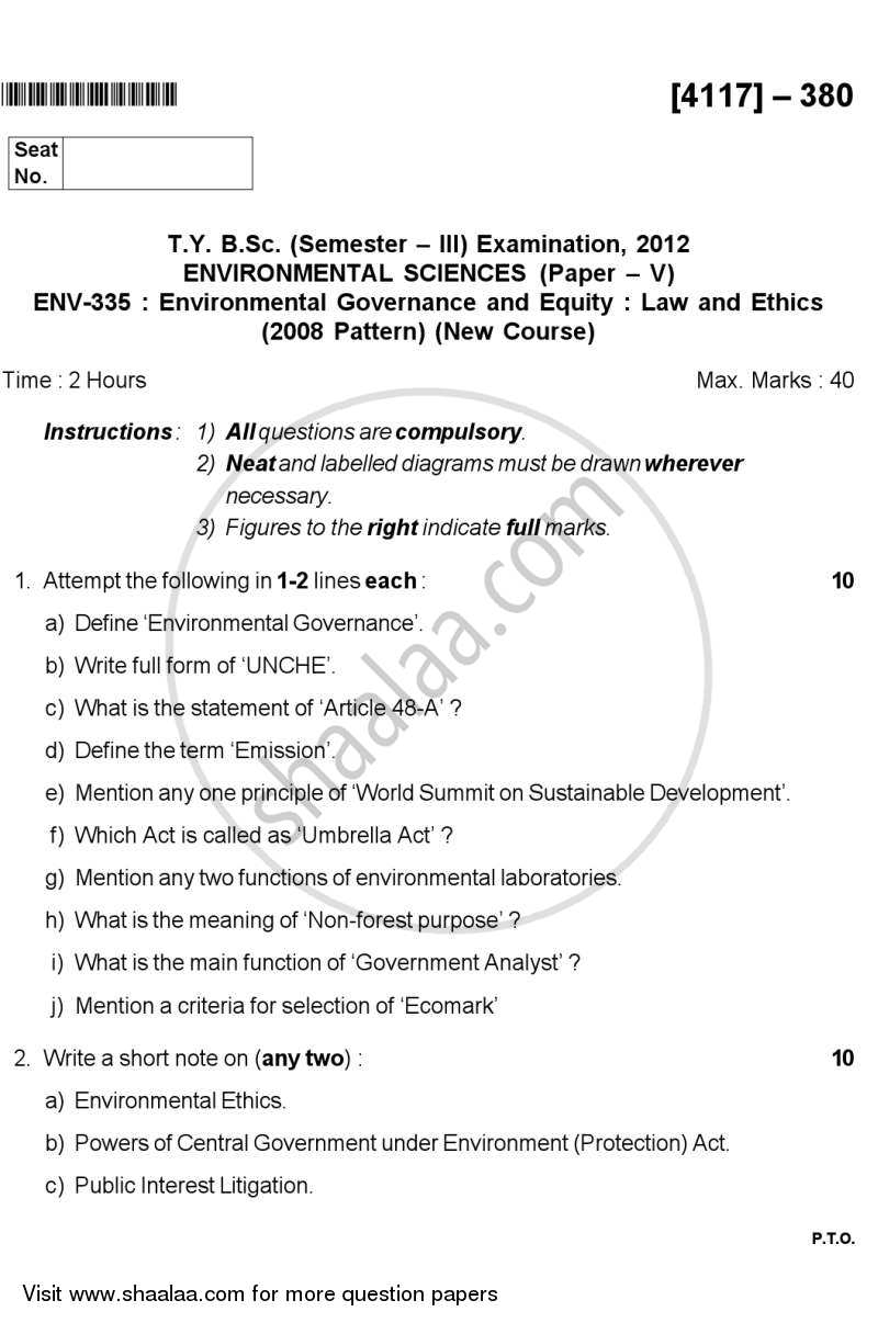 Environmental Governance and Equity - Law and Ethics 2012-2013 - B.Sc. - Semester 5 (TYBSc) - University of Pune question paper with PDF download