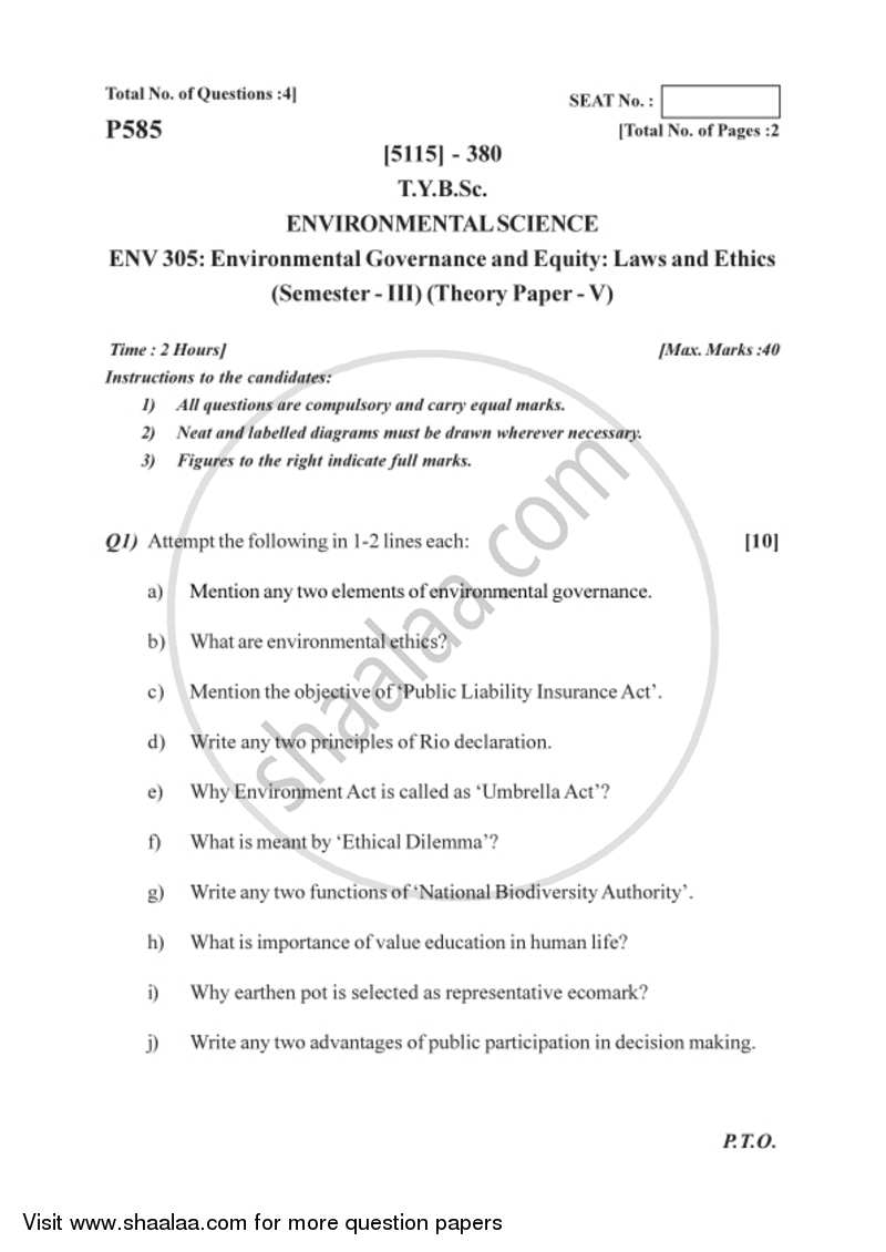 Environmental Governance and Equity - Law and Ethics 2016-2017 - B.Sc. - Semester 5 (TYBSc) - University of Pune question paper with PDF download