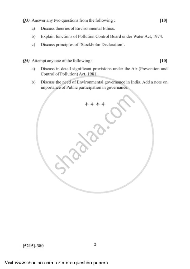 Environmental Governance and Equity - Law and Ethics 2017-2018 - B.Sc. - Semester 5 (TYBSc) - University of Pune question paper with PDF download