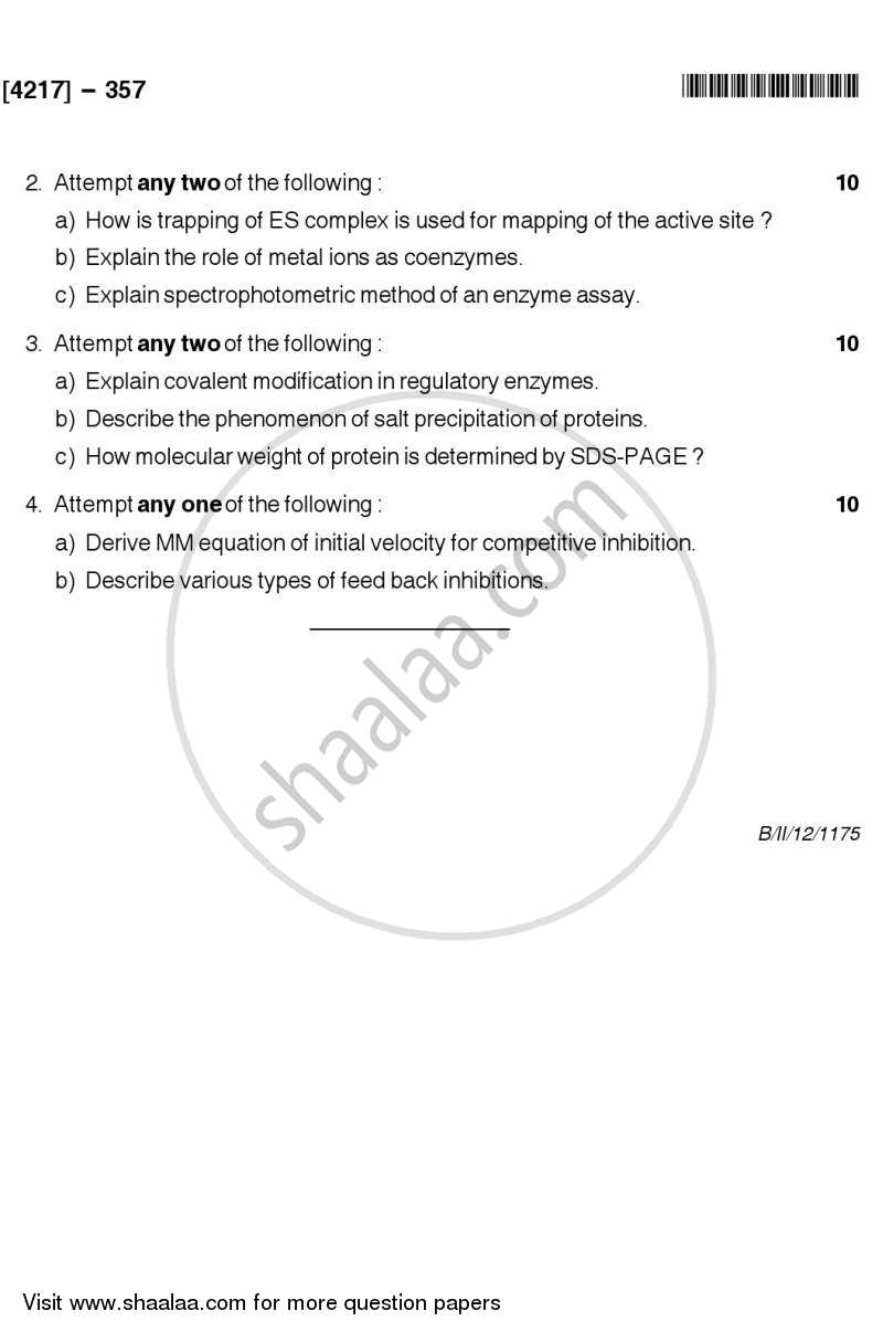 Enzymology 2012-2013 - B.Sc. - Semester 5 (TYBSc) - University of Pune question paper with PDF download