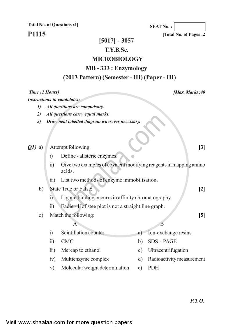 Enzymology 2016-2017 - B.Sc. - Semester 5 (TYBSc) - University of Pune question paper with PDF download