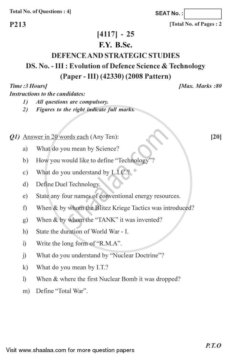 Evolution of Defence Science and Technology 2012-2013 - B.Sc. - Semester 2 (FYBSc) - University of Pune question paper with PDF download
