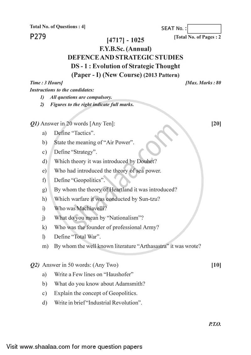Evolution of Strategic Thought 2014-2015 - B.Sc. - Semester 2 (FYBSc) - University of Pune question paper with PDF download