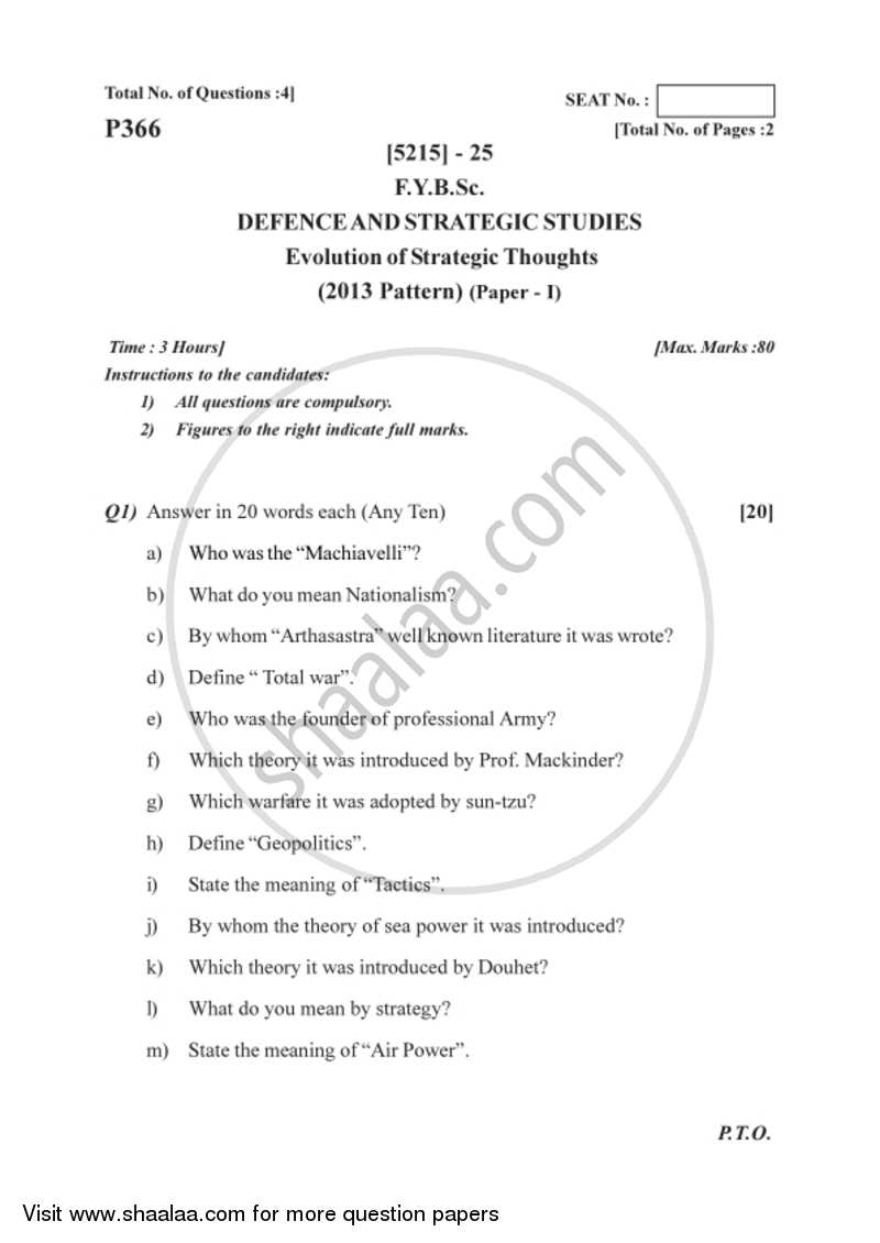 Evolution of Strategic Thought 2017-2018 - B.Sc. - Semester 2 (FYBSc) - University of Pune question paper with PDF download