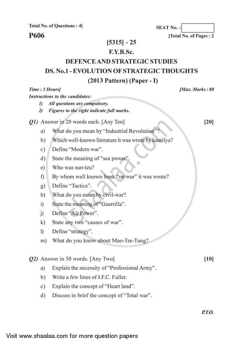 Evolution of Strategic Thought 2017-2018 - B.Sc. - Semester 2 (FYBSc) - University of Pune question paper with PDF download