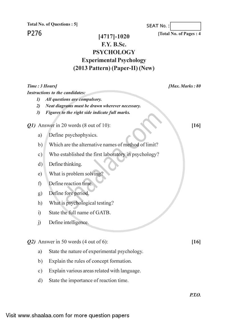 Experimental Psychology 2014-2015 - B.Sc. - Semester 2 (FYBSc) - University of Pune question paper with PDF download