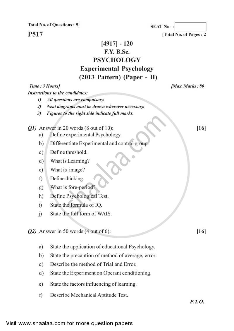 Experimental Psychology 2015-2016 - B.Sc. - Semester 2 (FYBSc) - University of Pune question paper with PDF download