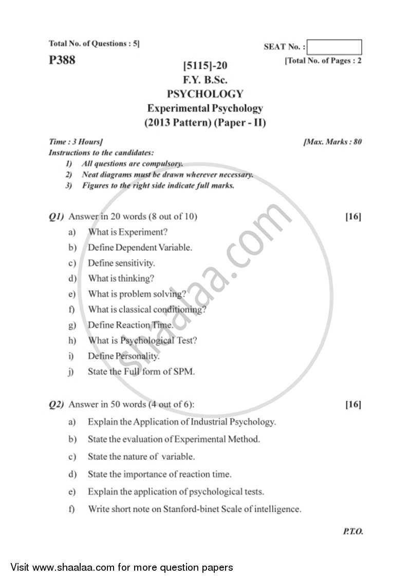 Experimental Psychology 2016-2017 - B.Sc. - Semester 2 (FYBSc) - University of Pune question paper with PDF download