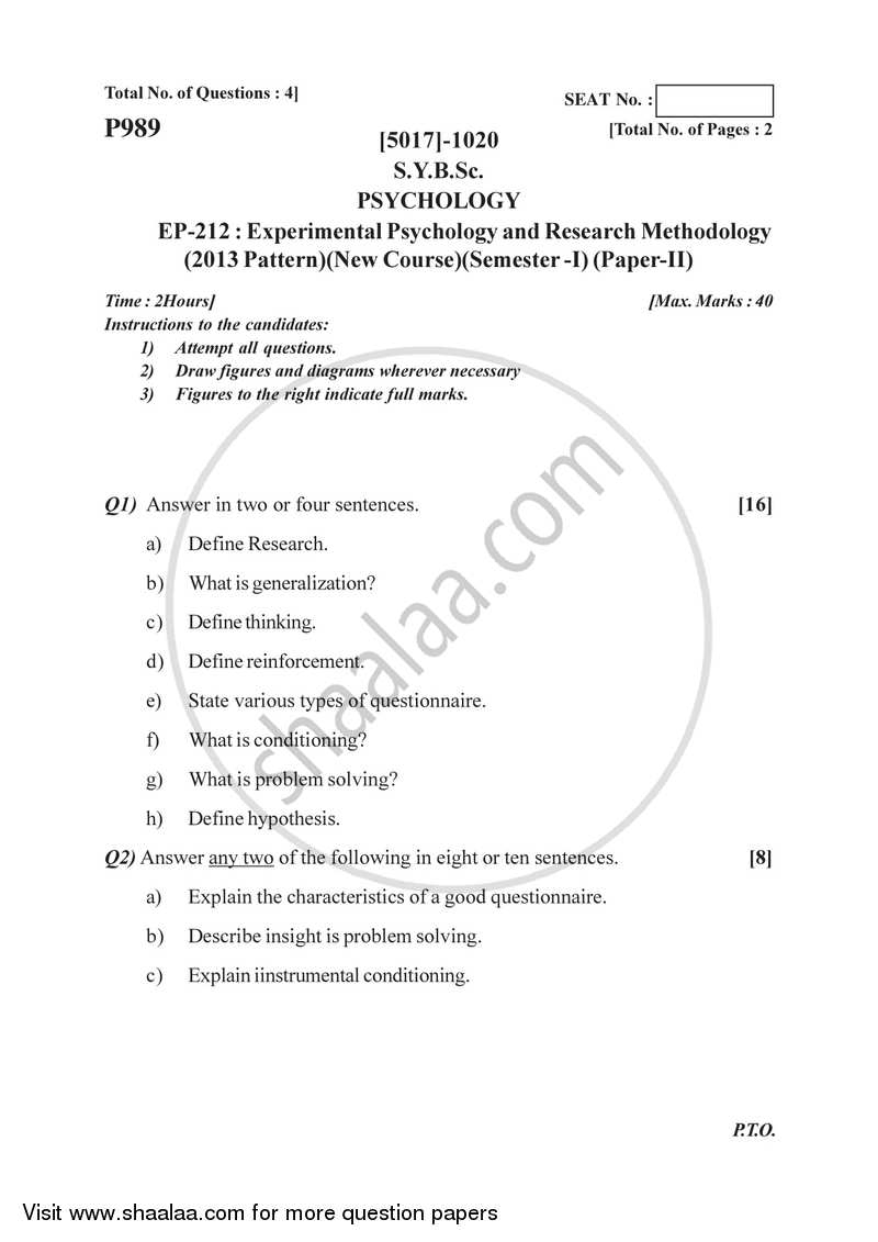 Experimental Psychology and Research Methodology 2016-2017 - B.Sc. - Semester 3 (SYBSc) - University of Pune question paper with PDF download