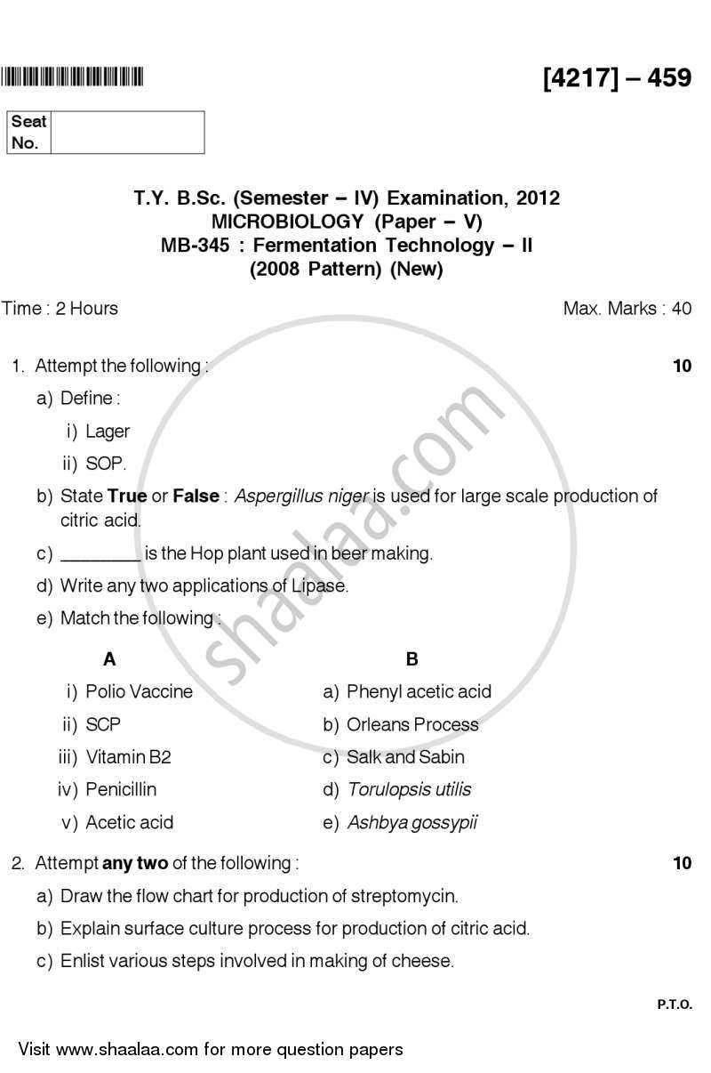 Fermentation Technology 2 2012-2013 - B.Sc. - Semester 6 (TYBSc) - University of Pune question paper with PDF download
