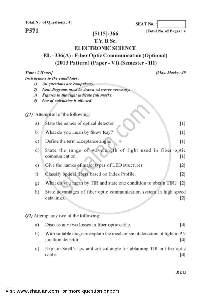 Fiber Optic Communication 2016-2017 - B.Sc. - Semester 5 (TYBSc) - University of Pune question paper with PDF download