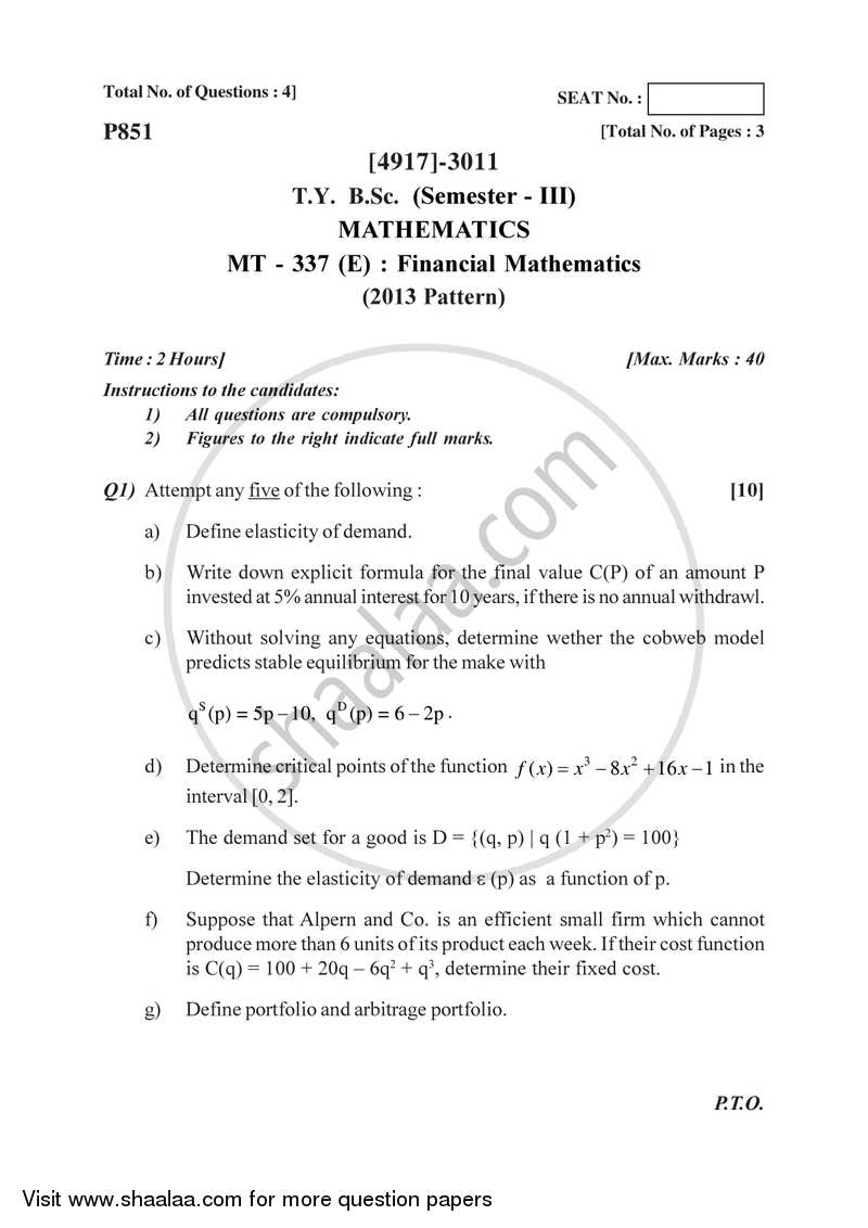Financial Mathematics 2015-2016 - B.Sc. - Semester 5 (TYBSc) - University of Pune question paper with PDF download