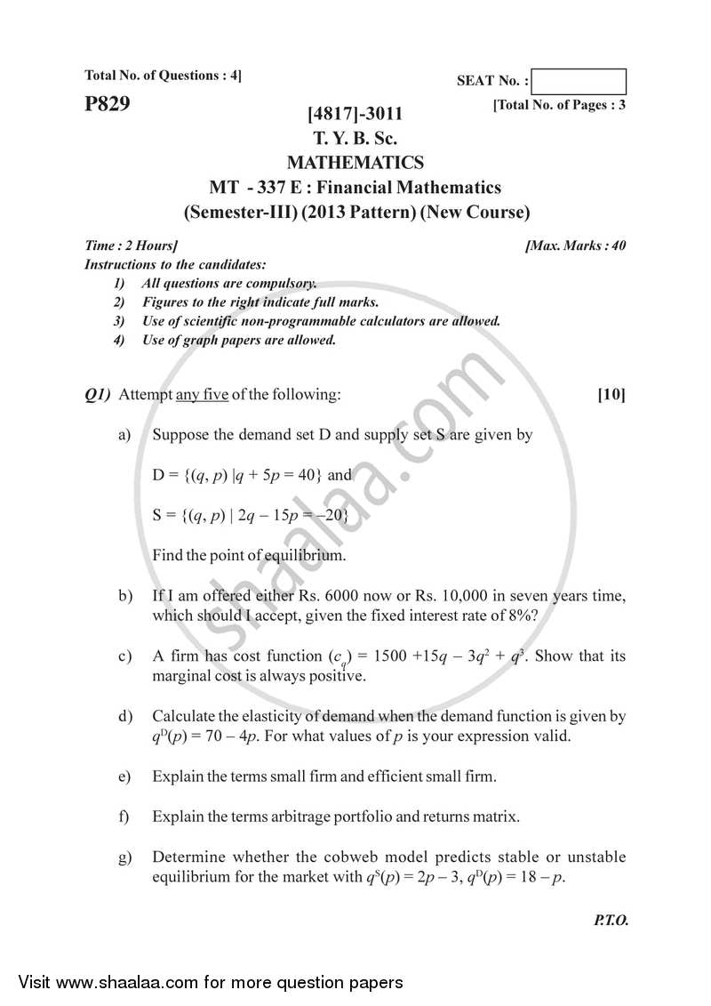 Financial Mathematics 2015-2016 - B.Sc. - Semester 5 (TYBSc) - University of Pune question paper with PDF download