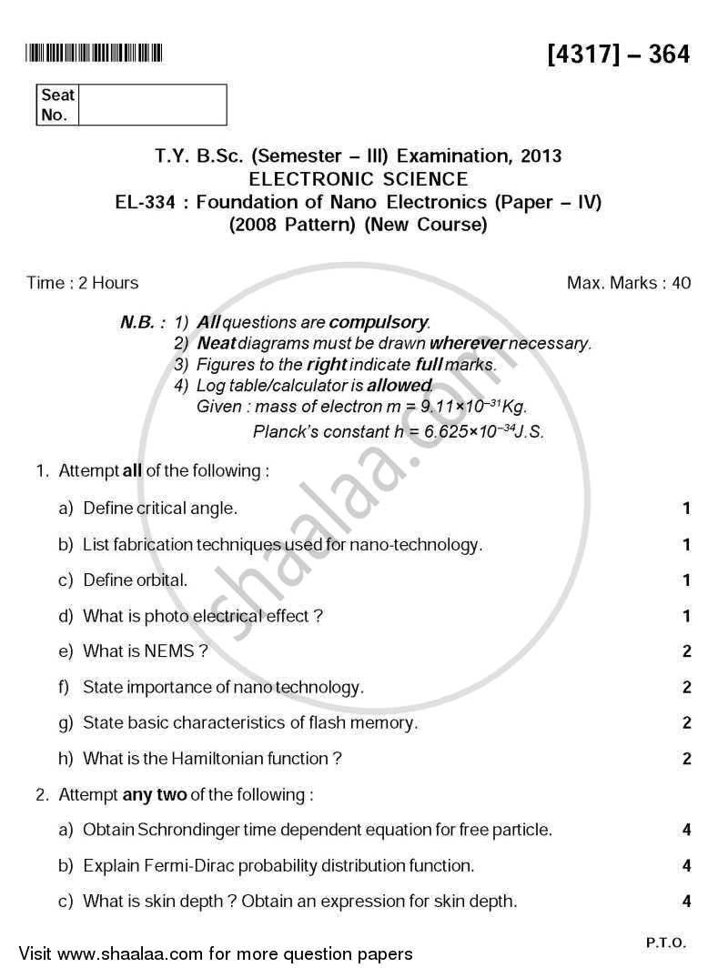 Foundation of Nanoelectronics 2013-2014 - B.Sc. - Semester 5 (TYBSc) - University of Pune question paper with PDF download