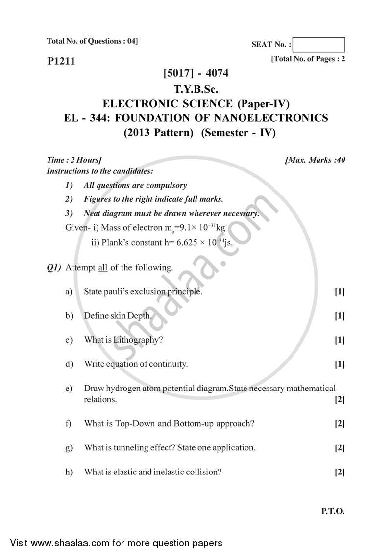 Foundations of Nanoelectronics 2016-2017 - B.Sc. - Semester 6 (TYBSc) - University of Pune question paper with PDF download