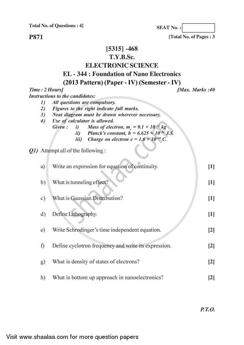 Foundations of Nanoelectronics 2017-2018 - B.Sc. - Semester 6 (TYBSc) - University of Pune question paper with PDF download
