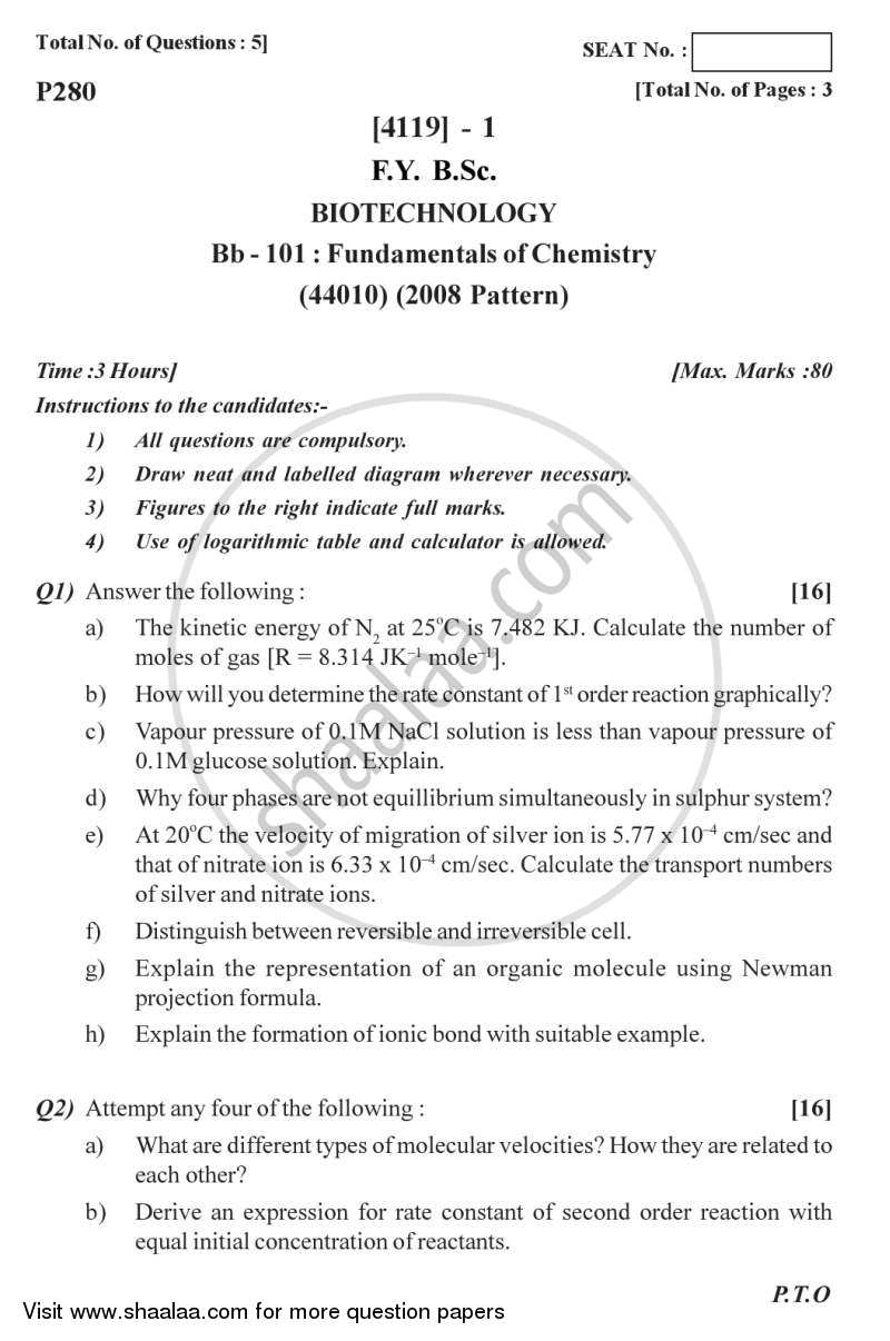 Fundamentals of Chemistry 2012-2013 - B.Sc. - Semester 2 (FYBSc) - University of Pune question paper with PDF download