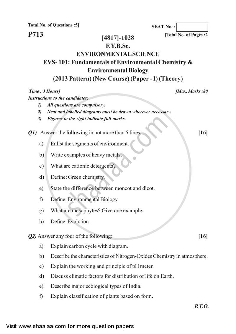 Fundamentals of Environmental Chemistry and Fundamentals of Environmental Biology 2015-2016 - B.Sc. - Semester 2 (FYBSc) - University of Pune question paper with PDF download