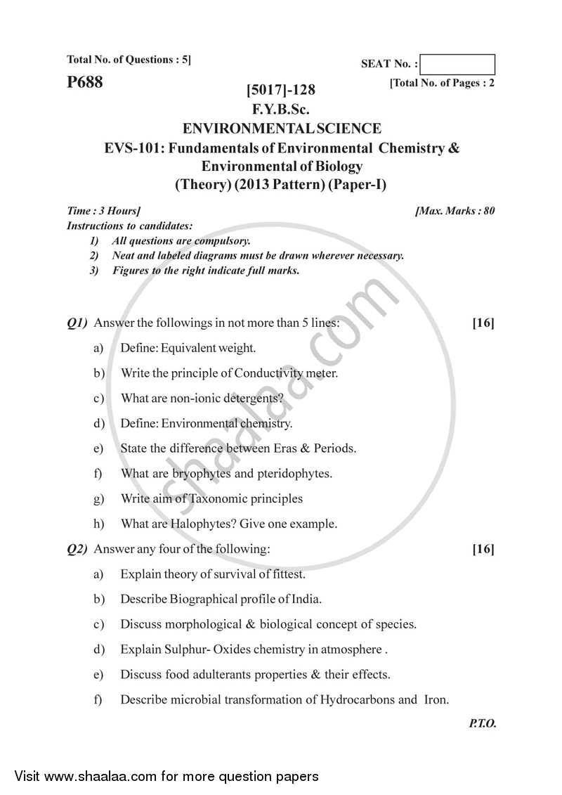 Fundamentals of Environmental Chemistry and Fundamentals of Environmental Biology 2016-2017 - B.Sc. - Semester 2 (FYBSc) - University of Pune question paper with PDF download