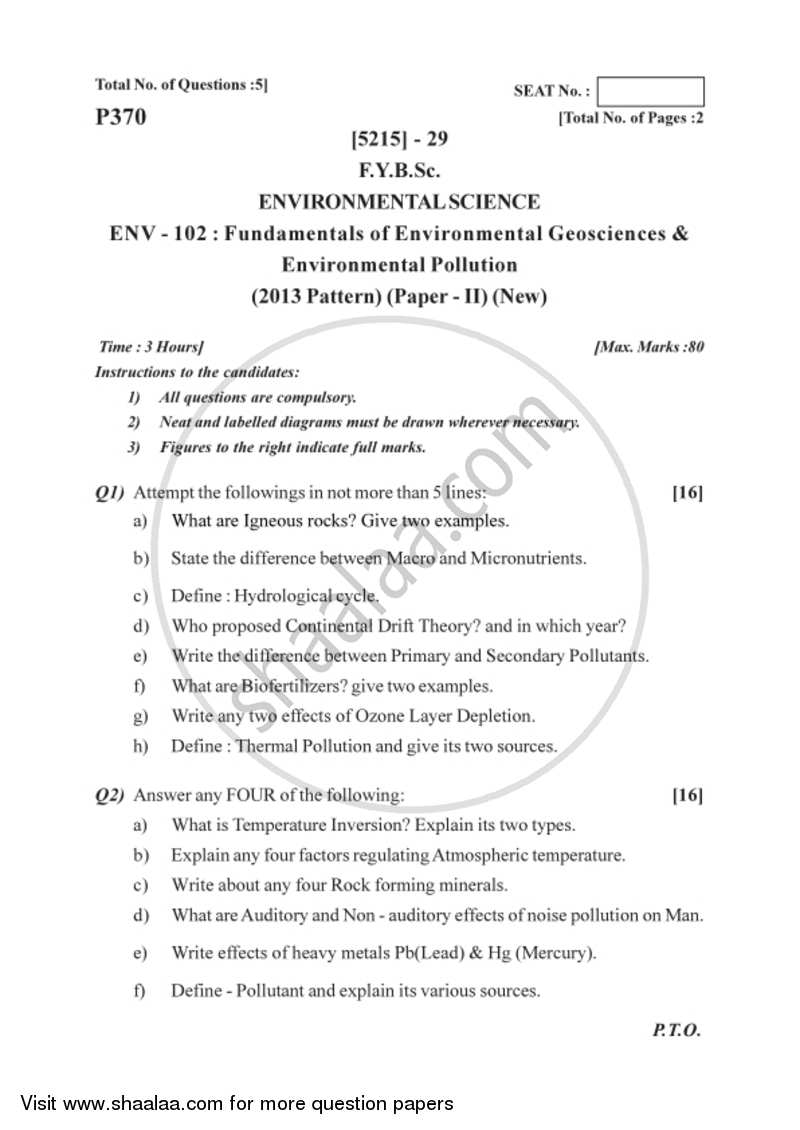 Fundamentals of Environmental Geosciences and Fundamentals of Environmental Pollution 2017-2018 - B.Sc. - Semester 2 (FYBSc) - University of Pune question paper with PDF download