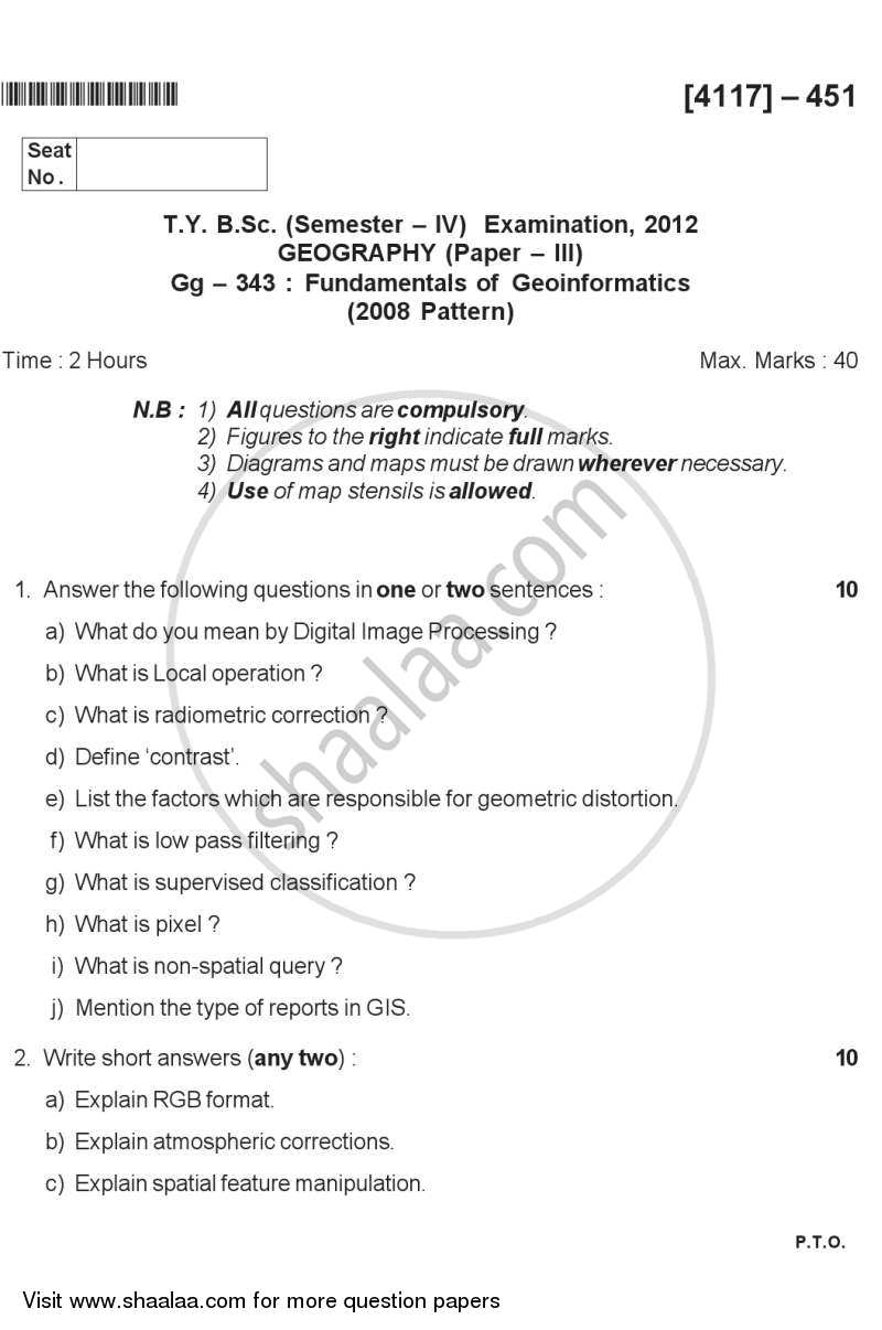Fundamentals of Geoinformatics 1 2011-2012 - B.Sc. - Semester 6 (TYBSc) - University of Pune question paper with PDF download