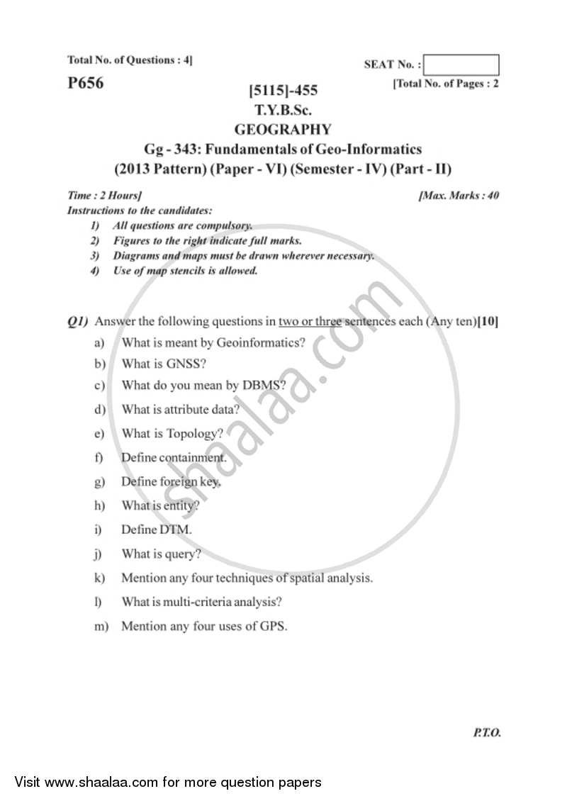 Fundamentals of Geoinformatics 1 2016-2017 - B.Sc. - Semester 6 (TYBSc) - University of Pune question paper with PDF download